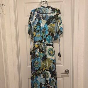 Johnny Was Black, Blue & Green Floral Tie-Waist Maxi Coverup